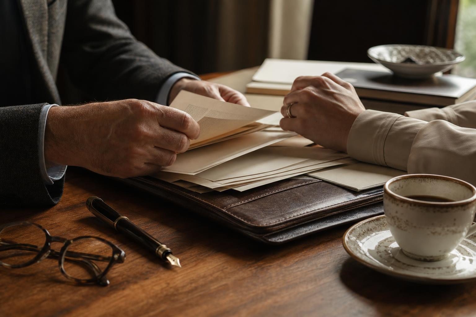 Client and consultant reviewing reputation management proposals across a desk